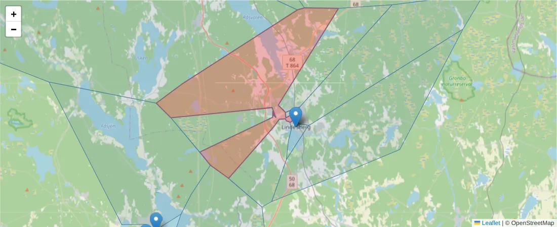 Karta över postnummerområdet  och angränsande postnummer i Sverige