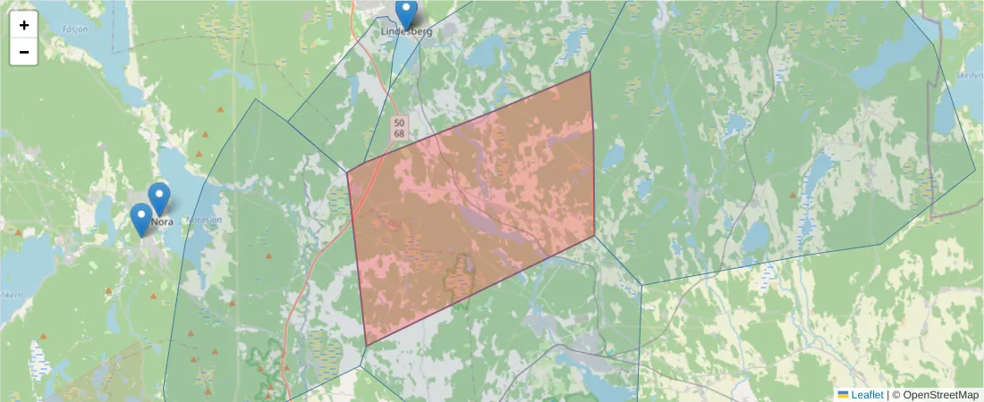 Karta över postnummerområdet  och angränsande postnummer i Sverige