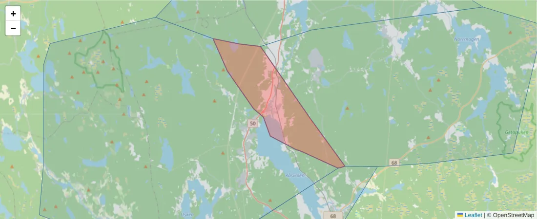 Karta över postnummerområdet  och angränsande postnummer i Sverige