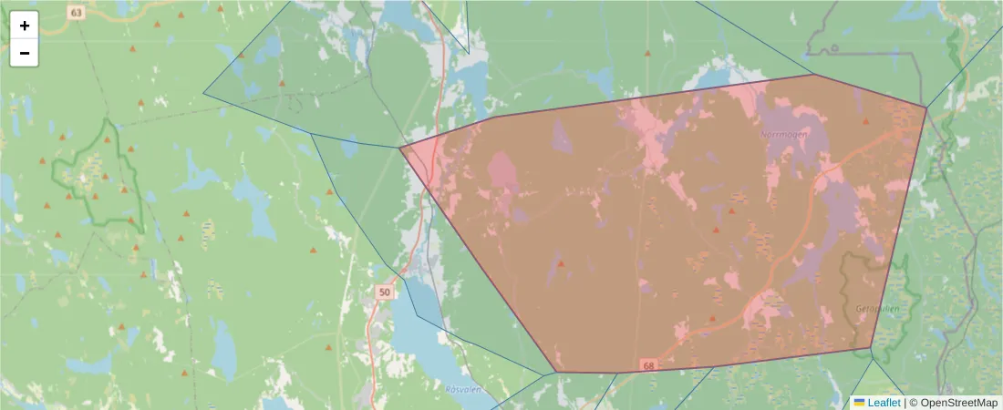 Karta över postnummerområdet  och angränsande postnummer i Sverige