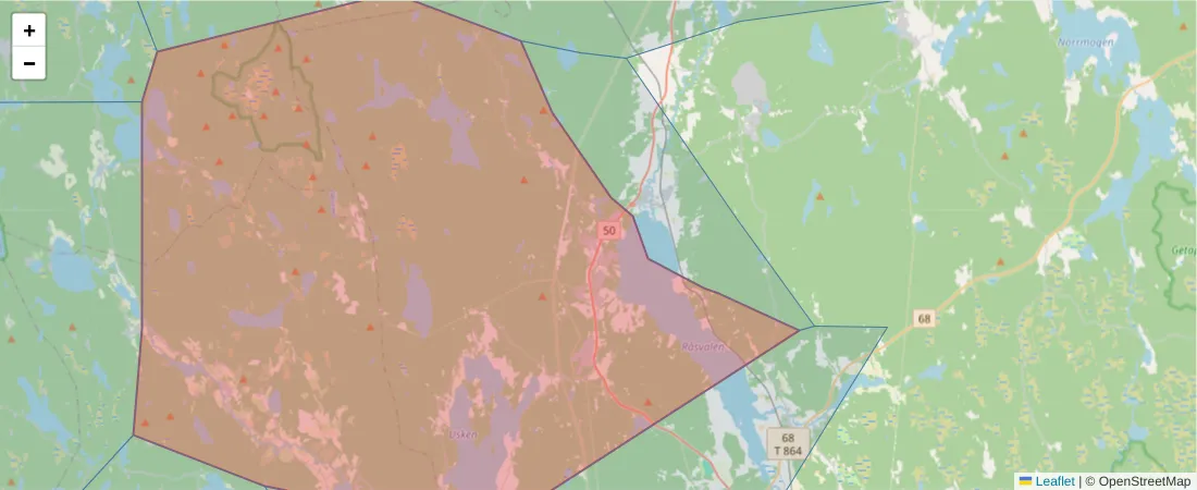 Karta över postnummerområdet  och angränsande postnummer i Sverige