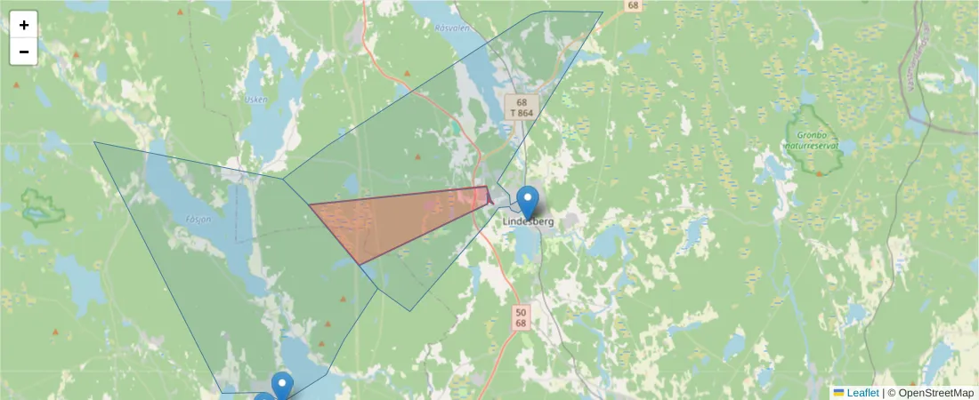 Karta över postnummerområdet  och angränsande postnummer i Sverige