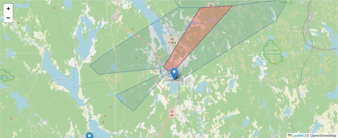 Karta över postnummerområdet  och angränsande postnummer i Sverige