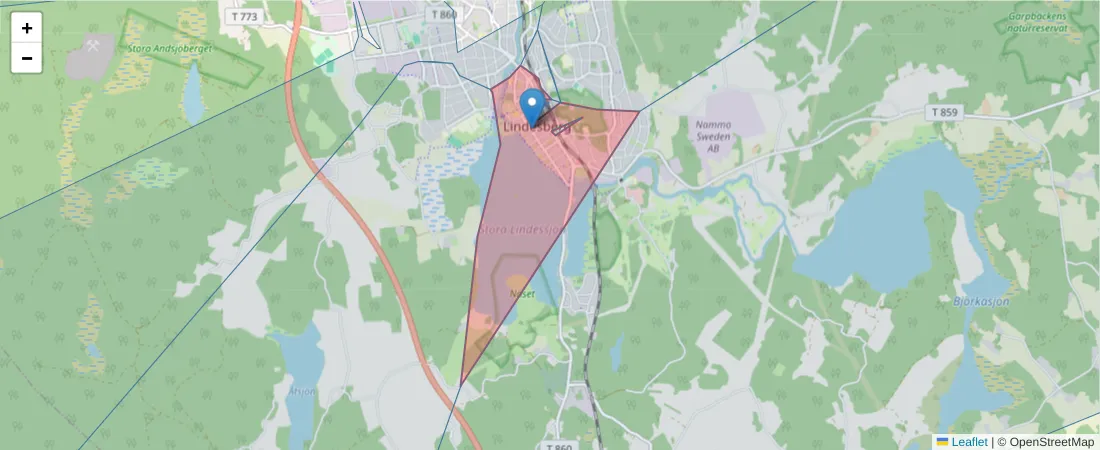 Karta över postnummerområdet  och angränsande postnummer i Sverige