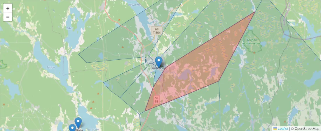 Karta över postnummerområdet  och angränsande postnummer i Sverige