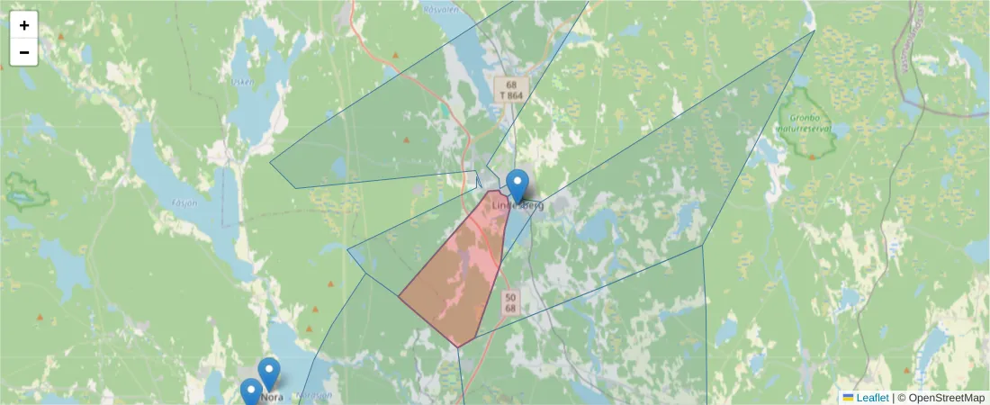 Karta över postnummerområdet  och angränsande postnummer i Sverige
