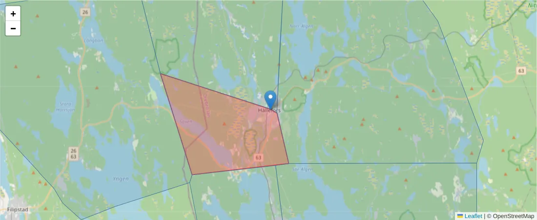 Karta över postnummerområdet  och angränsande postnummer i Sverige