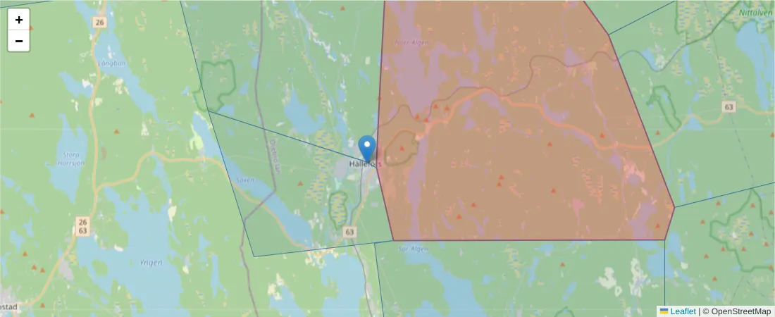 Karta över postnummerområdet  och angränsande postnummer i Sverige