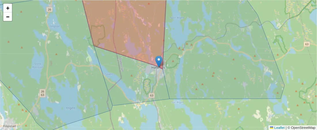 Karta över postnummerområdet  och angränsande postnummer i Sverige