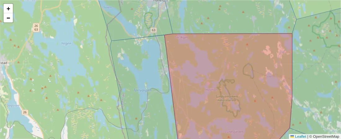 Karta över postnummerområdet  och angränsande postnummer i Sverige