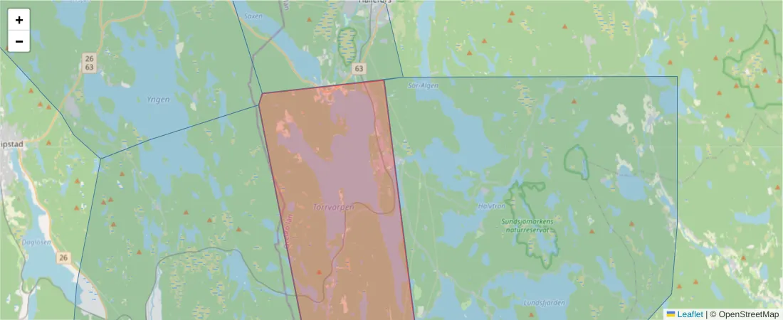Karta över postnummerområdet  och angränsande postnummer i Sverige