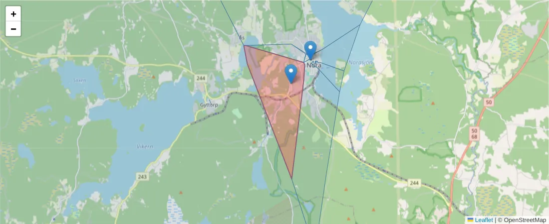 Karta över postnummerområdet  och angränsande postnummer i Sverige
