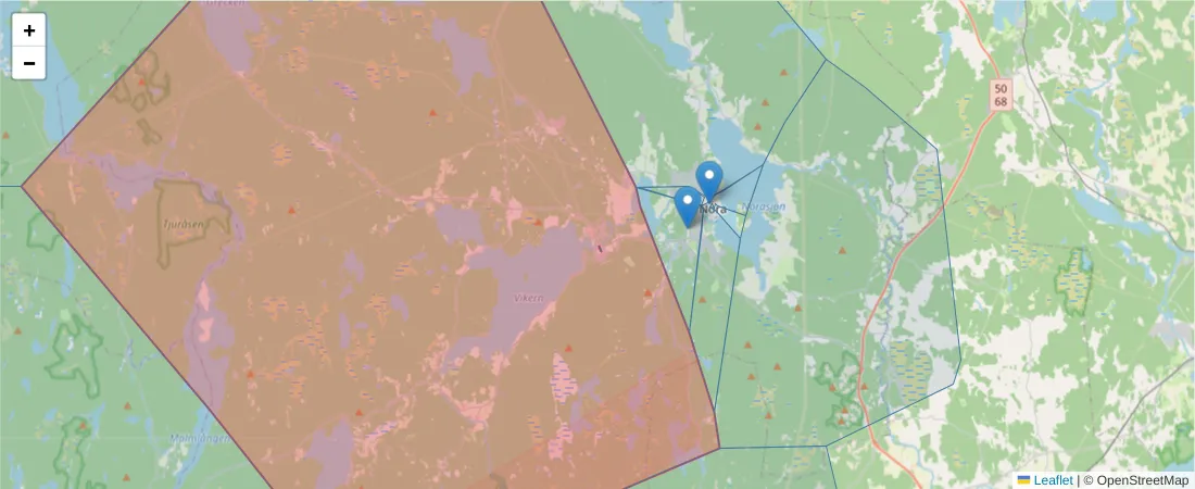 Karta över postnummerområdet  och angränsande postnummer i Sverige