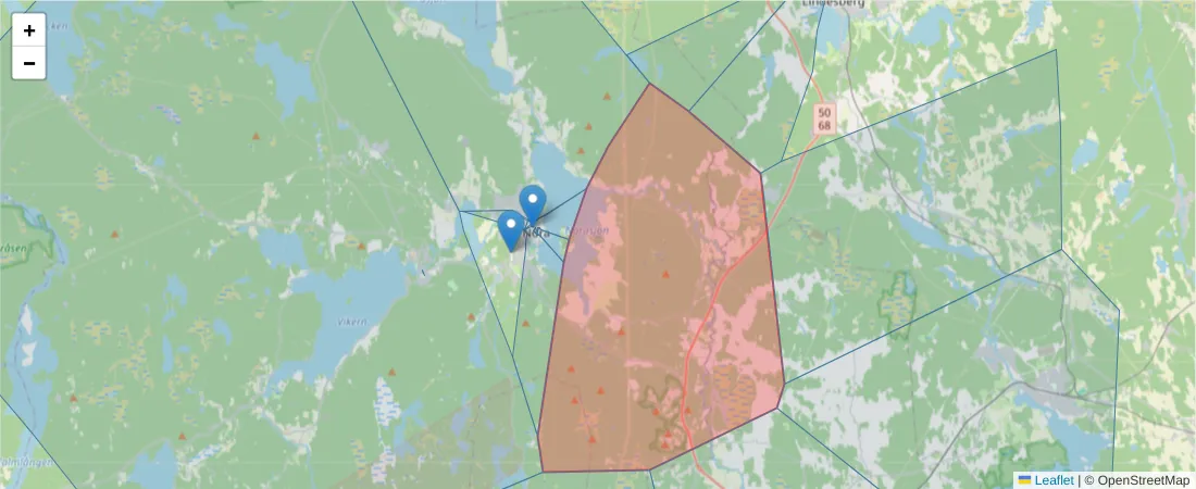 Karta över postnummerområdet  och angränsande postnummer i Sverige