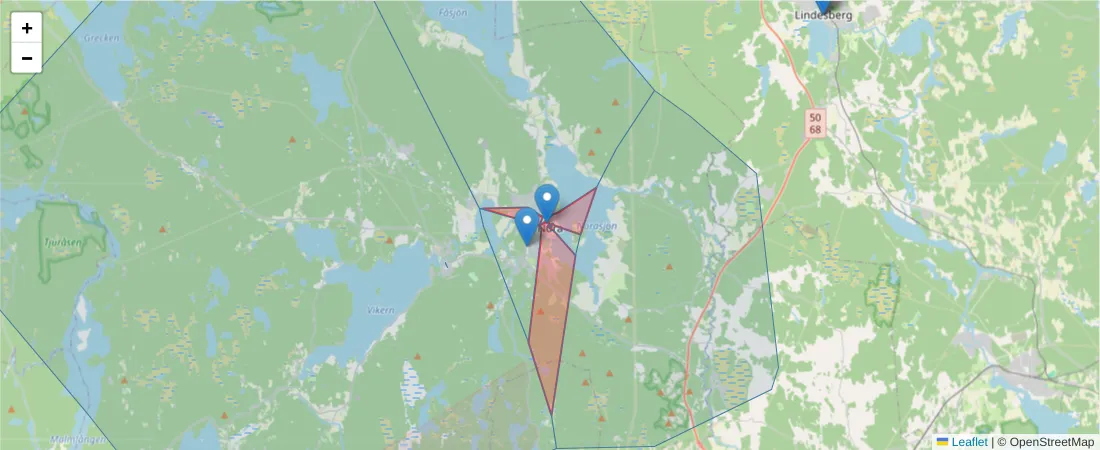 Karta över postnummerområdet  och angränsande postnummer i Sverige