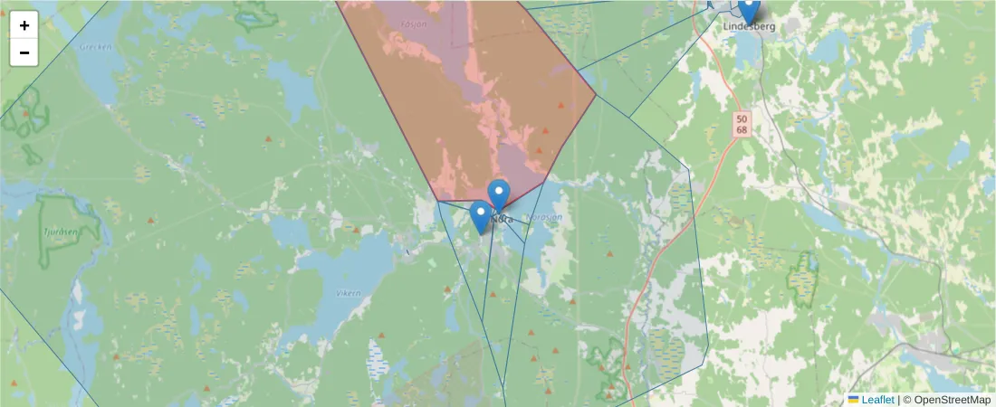 Karta över postnummerområdet  och angränsande postnummer i Sverige