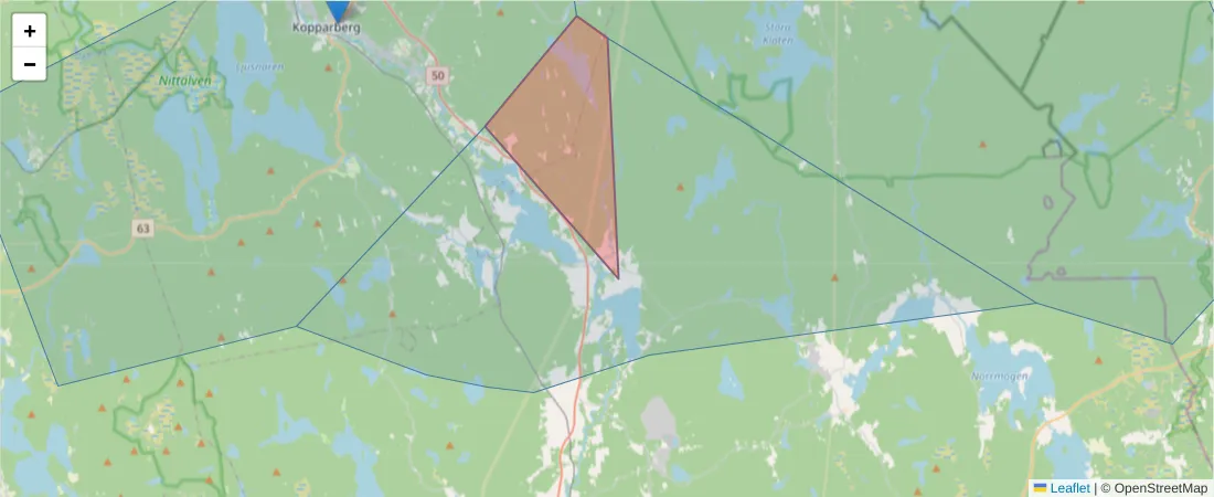Karta över postnummerområdet  och angränsande postnummer i Sverige