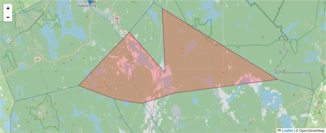 Karta över postnummerområdet  och angränsande postnummer i Sverige
