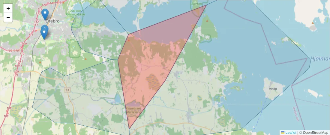 Karta över postnummerområdet  och angränsande postnummer i Sverige