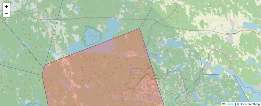 Karta över postnummerområdet  och angränsande postnummer i Sverige