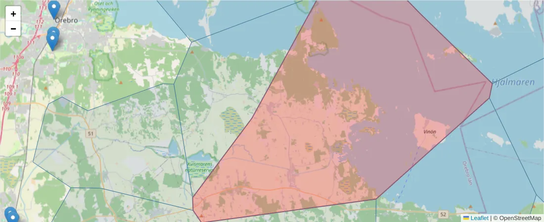 Karta över postnummerområdet  och angränsande postnummer i Sverige