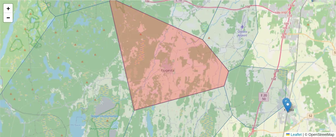 Karta över postnummerområdet  och angränsande postnummer i Sverige