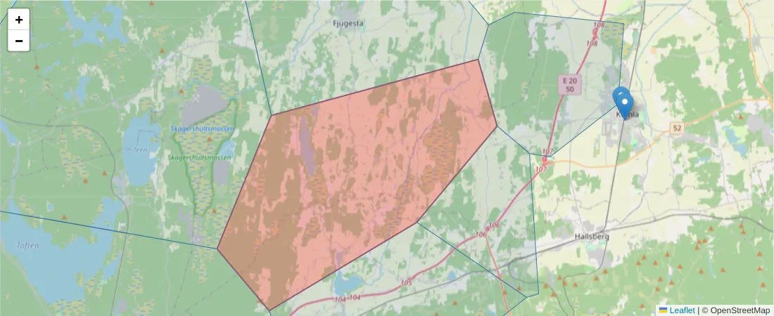 Karta över postnummerområdet  och angränsande postnummer i Sverige