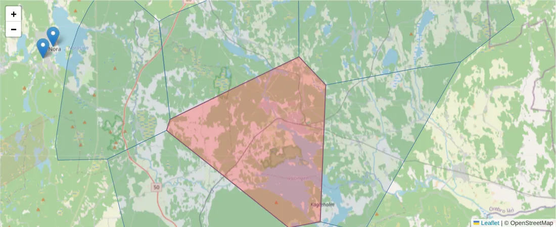 Karta över postnummerområdet  och angränsande postnummer i Sverige