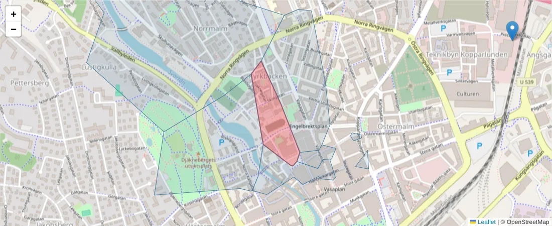 Karta över postnummerområdet  och angränsande postnummer i Sverige