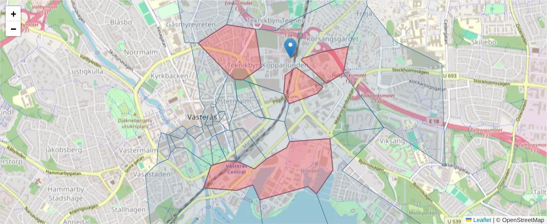 Karta över postnummerområdet  och angränsande postnummer i Sverige