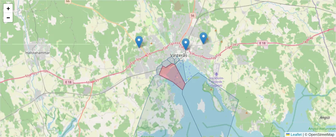 Karta över postnummerområdet  och angränsande postnummer i Sverige