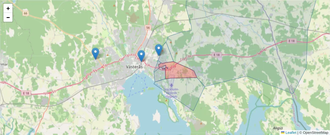 Karta över postnummerområdet  och angränsande postnummer i Sverige