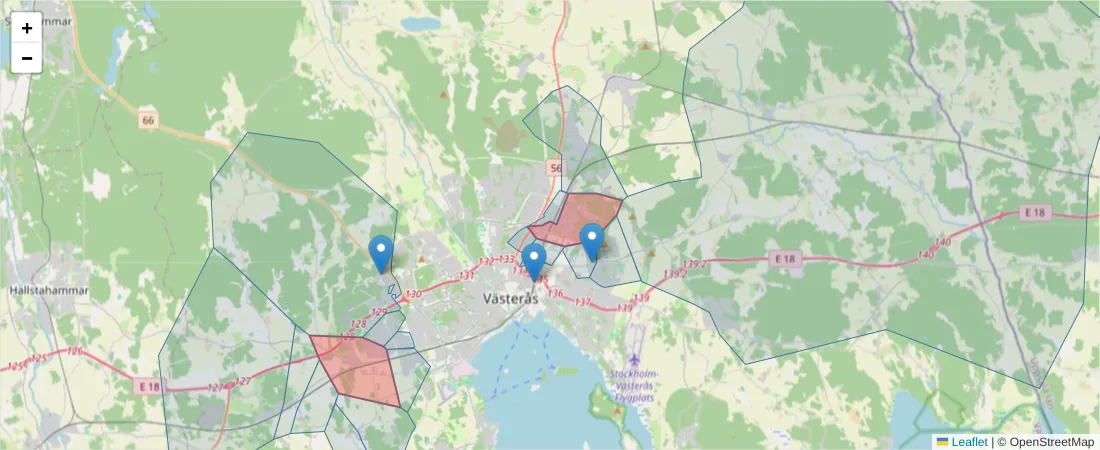 Karta över postnummerområdet  och angränsande postnummer i Sverige