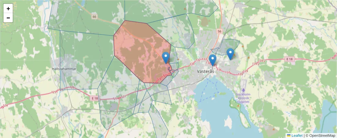 Karta över postnummerområdet  och angränsande postnummer i Sverige