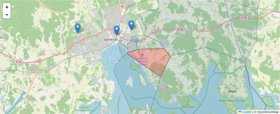Karta över postnummerområdet  och angränsande postnummer i Sverige