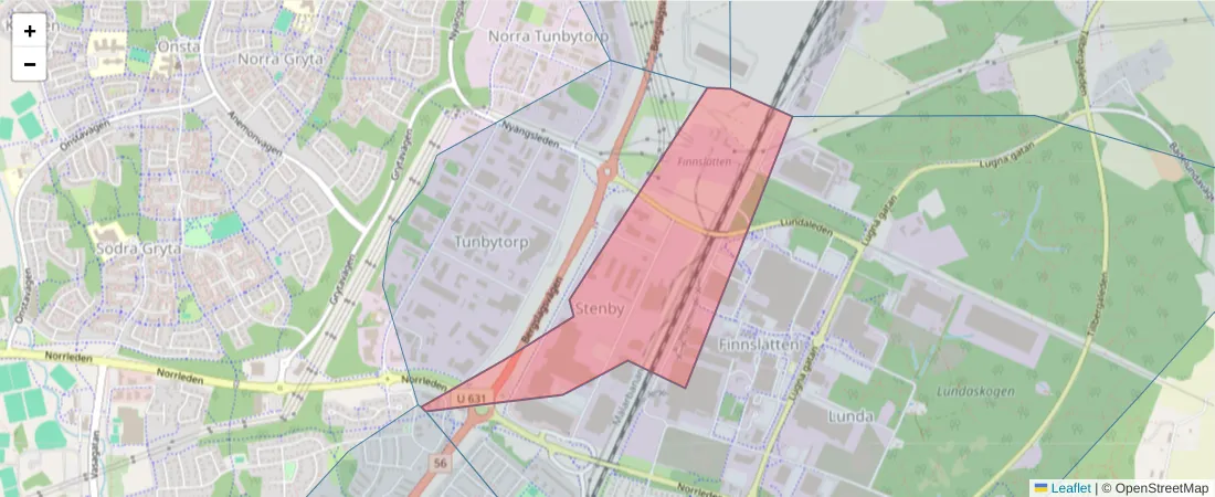 Karta över postnummerområdet  och angränsande postnummer i Sverige