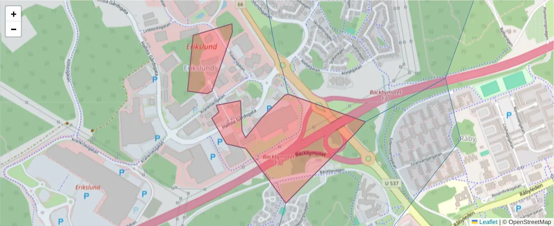 Karta över postnummerområdet  och angränsande postnummer i Sverige