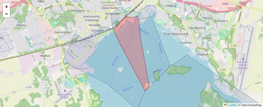 Karta över postnummerområdet  och angränsande postnummer i Sverige
