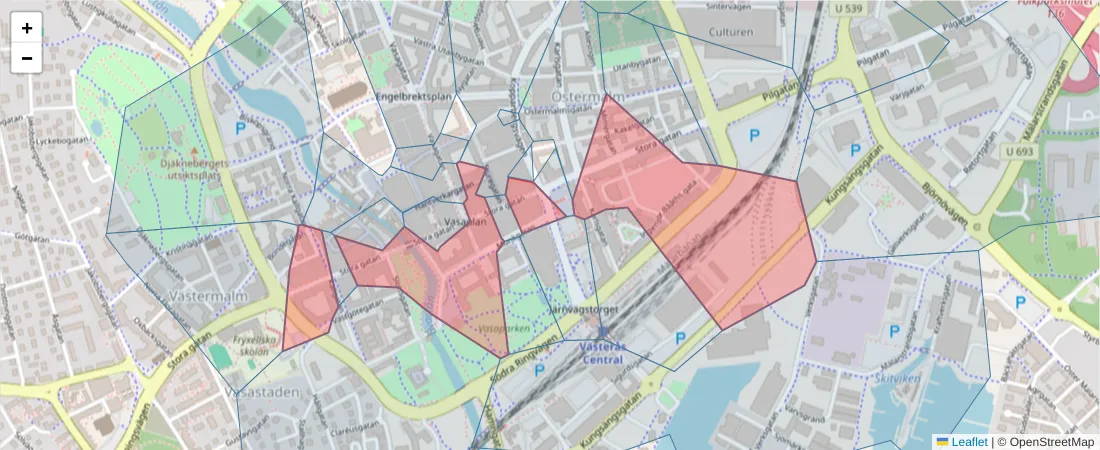 Karta över postnummerområdet  och angränsande postnummer i Sverige