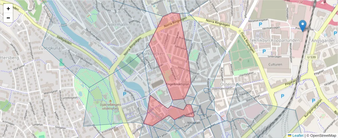 Karta över postnummerområdet  och angränsande postnummer i Sverige