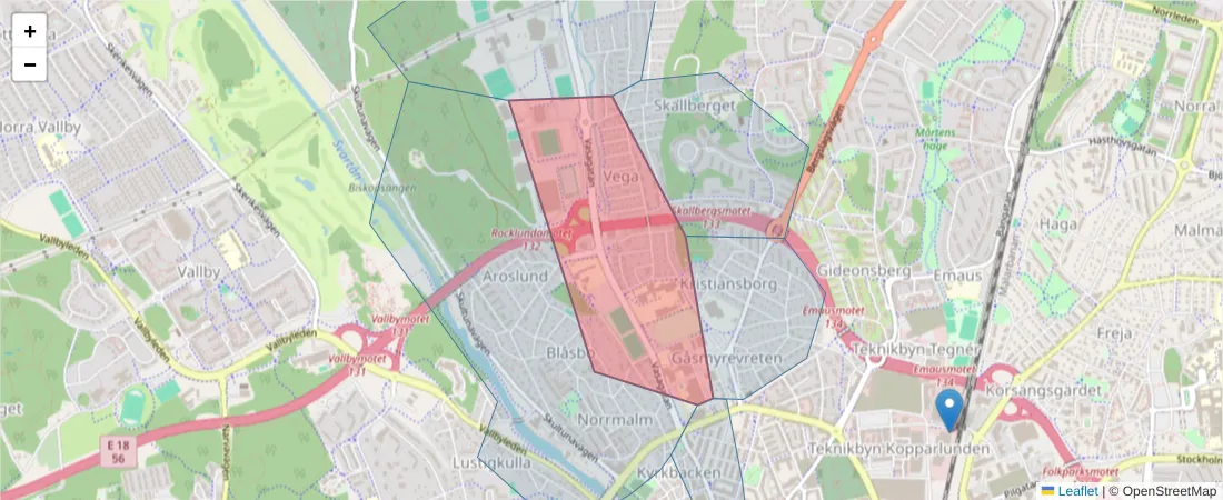 Karta över postnummerområdet  och angränsande postnummer i Sverige
