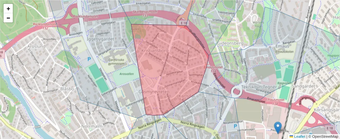 Karta över postnummerområdet  och angränsande postnummer i Sverige