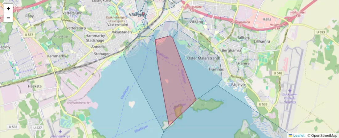 Karta över postnummerområdet  och angränsande postnummer i Sverige