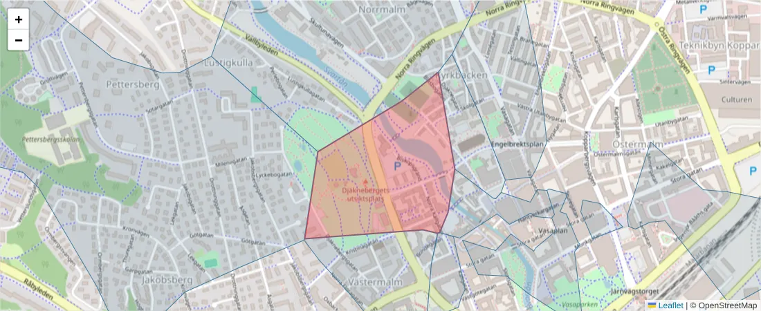 Karta över postnummerområdet  och angränsande postnummer i Sverige