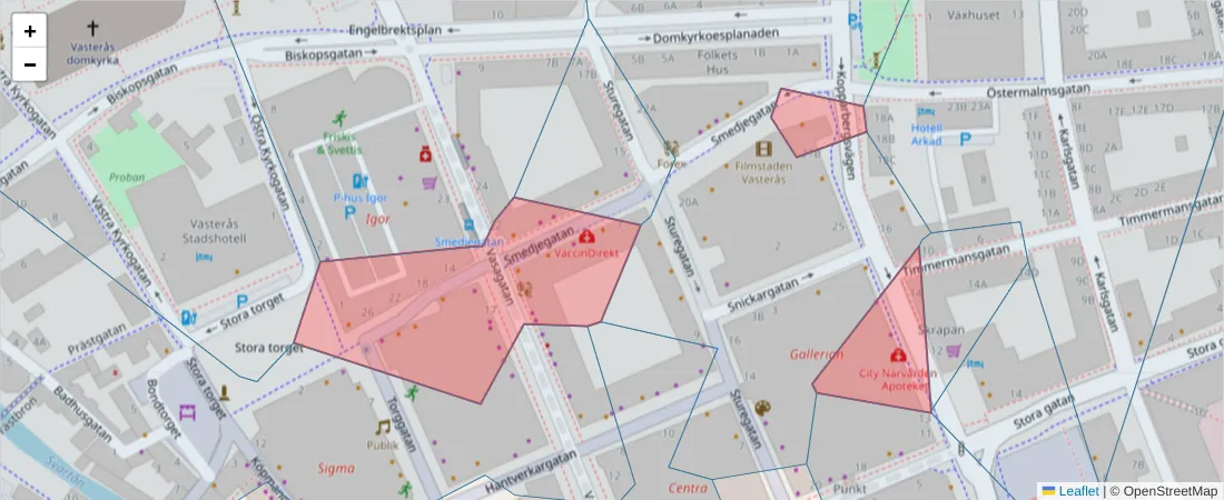 Karta över postnummerområdet  och angränsande postnummer i Sverige