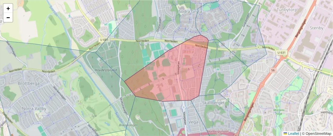 Karta över postnummerområdet  och angränsande postnummer i Sverige