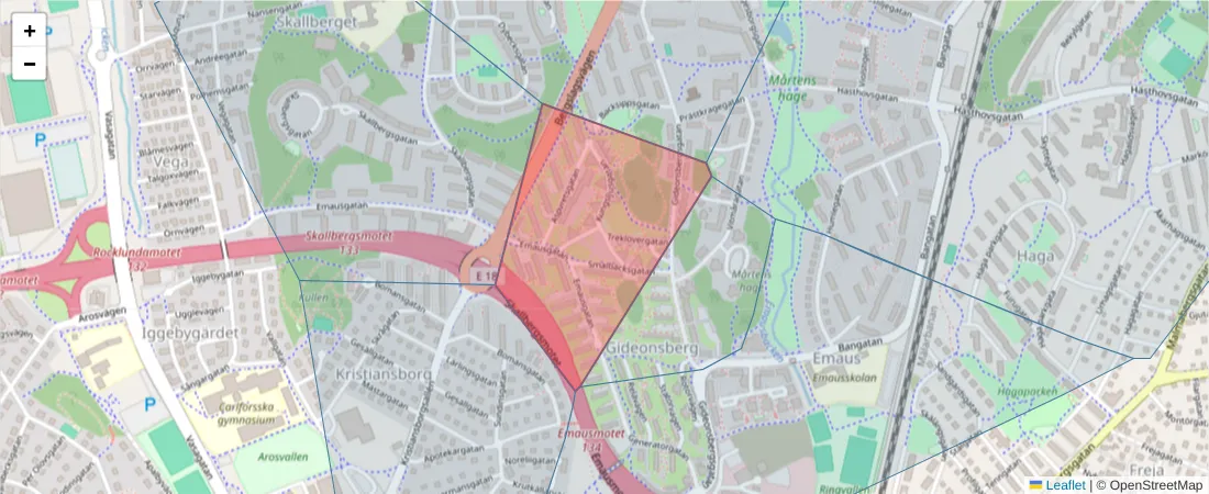 Karta över postnummerområdet  och angränsande postnummer i Sverige