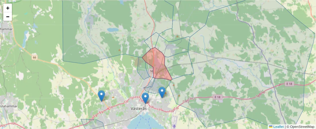 Karta över postnummerområdet  och angränsande postnummer i Sverige