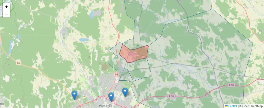 Karta över postnummerområdet  och angränsande postnummer i Sverige