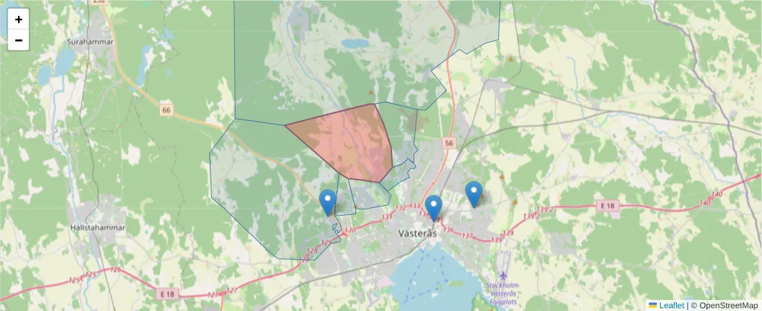 Karta över postnummerområdet  och angränsande postnummer i Sverige